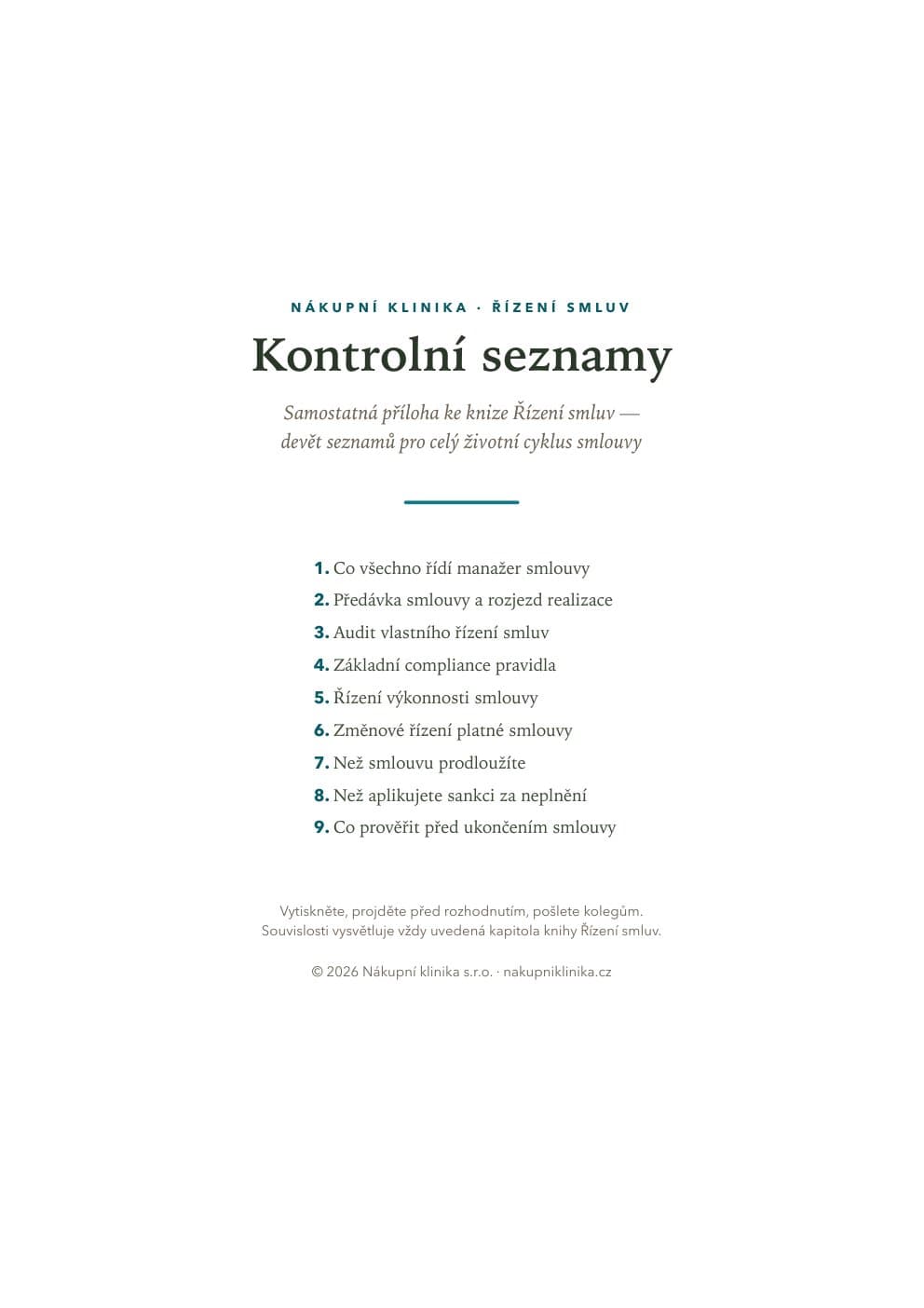 Titulní strana samostatného PDF s devíti kontrolními seznamy