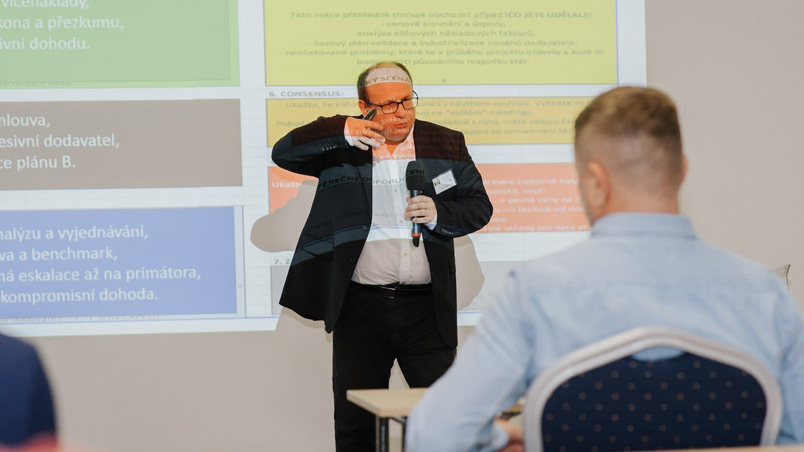 Jan Vašek u plátna vysvětluje barevné schéma eskalace a hledání shody, v popředí sedí účastník školení.
